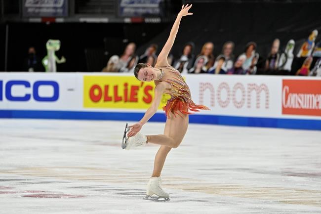 FILE - Mariah Bell of the United States competes during the women's short program of the International Skating Union Grand Prix of Figure Skating Series in Las Vegas, in this Friday, Oct. 23, 2020, file photo. While Nathan Chen will be the headliner at the U.S. Figure Skating Championships that begin Thursday, Jan. 14, 2021, in Las Vegas, Mariah Bell could be the scene stealer. (AP Photo/David Becker, File)