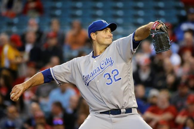 FILE - In this April 27, 2016, file photo, Kansas City Royals pitcher Chris Young throws to a Los Angeles Angels batter during the first inning of a baseball game in Anaheim, Calif. Young will replace Joe Torre as the person at the commissioner's office who decides suspensions and fines for on-field matters, such as intentionally hitting batters, charging the mound and fights. (AP Photo/Jae C. Hong, File)