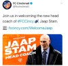 This image from the Twitter account of MLS soccer team FC Cincinnati shows a tweet, Thursday, May 21, 2020, to introduce new head coach Jaap Stam. The photo actually shows Ajax Youth coach Tinus van Teunenbroek. FC Cincinnati sent another tweet with a photo that shows Stam. (Twitter via AP)