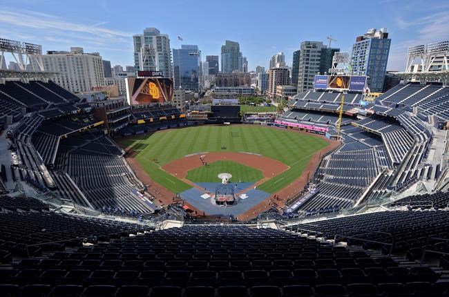 FILE - This is a general view of Petco Park before a baseball game between the San Diego Padres and the St. Louis Cardinals, Friday, June 28, 2019, in San Diego. The Division Series, League Championship Series and World Series will be part of a bubble designed to minimize exposure to the coronavirus. The AL Division Series will be at San Diego's Petco Park and Los Angeles’ Dodger Stadium, and the NL Division Series at Arlington's Globe Life and Houston’s Minute Maid Park. (AP Photo/Orlando Ramirez, File)