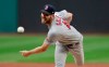 FILE - Boston Red Sox starting pitcher Chris Sale delivers in the first inning of the team's baseball game against the Cleveland Indians in Cleveland, in this Tuesday, Aug. 13, 2019, file photo. Chris Sale is getting closer to getting back on the mound following Tommy John surgery in March. The 31-year-old was the only player at the team's facility in Florida for months as he began his rehab this offseason. He's had a few hiccups, including a brief bout with COVID-19 and a neck injury. But as the team joined him to open spring training on Thursday, Feb. 18, 2021, he says he's methodically working his way through his throwing program he isn't thinking beyond the next day as he looks to make a midseason return. (AP Photo/Tony Dejak, FIle)