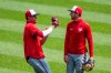 FILE - Washington Nationals shortstop Trea Turner, right, watches teammate Juan Soto catch a fly ball during an intrasquad baseball game at Nationals Park in Washington, in this Sunday, Aug. 2, 2020, file photo. Juan Soto and Trea Turner are the key to the Washington Nationals lineup; both finished in the top seven in NL MVP voting last season. They also could be the key to the club's future, if they eventually sign the long-term deals the Nationals have tried to get done, so far unsuccessfully. 