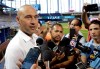 FILE - In this May 3, 2019, file photo, Miami Marlins CEO Derek Jeter talks with reporters before a baseball game against the Atlanta Bravesin Miami. Marlins CEO Derek Jeter told team employees during a conference call Monday, April 20, 2020, he is forgoing his salary during the coronavirus pandemic, a person familiar with the discussions told The Associated Press. The person confirmed Jeter's comments to the AP on condition of anonymity because the Marlins have not commented publicly on the call. (AP Photo/Lynne Sladky, File)