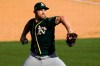 FILE - In this Wednesday, Oct. 7, 2020 file photo, Oakland Athletics pitcher Liam Hendriks throws against the Houston Astros during the ninth inning of Game 3 of a baseball American League Division Series in Los Angeles. Liam Hendriks is taking nothing for granted. The Chicago White Sox's new closer insisted he has to earn the job this spring and he's just another reliever until he does. Except, of course, he's not just another reliever.(AP Photo/Marcio Jose Sanchez, File)