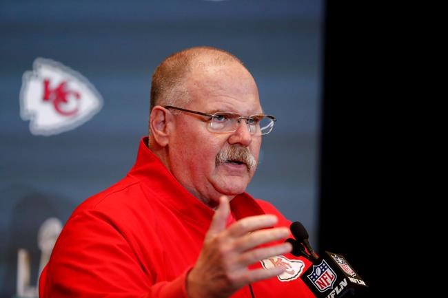 FILE - In this Jan. 30, 2020, file photo, Kansas City Chiefs NFL football head coach Andy Reid speaks during a news conference in Aventura, Fla. In seven weeks, the NFL expects to kick off its 101st season with the Super Bowl champion Chiefs hosting Houston. Emphasis on expects (AP Photo/Brynn Anderson, File)
