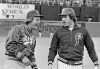 FILE - In this Oct. 14, 1980, file photo, Kansas City Royals slugger George Brett, left, and Philadelphia Phillies home run champ Mike Schmidt laugh during warmups before the first game of the World Series in Philadelphia. The money, the scouting, the buzz was all different when Major League Baseball held its annual June draft a half-century ago. With this year's picking set to start Wednesday, June 10, 2020, Schmidt remembers how it was when he was chosen in 1971. (AP Photo/File)