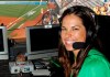 FILE - In this May 29, 2009, file photo, USA softball player Jessica Mendoza poses for a photo in the ESPN broadcast booth at the Women's College World Series in Oklahoma City. The dual roles of former Boston pitcher Pedro Martinez and Mendoza as team employees and broadcasters have drawn the concern of baseball Commissioner Rob Manfred. (AP Photo/File)