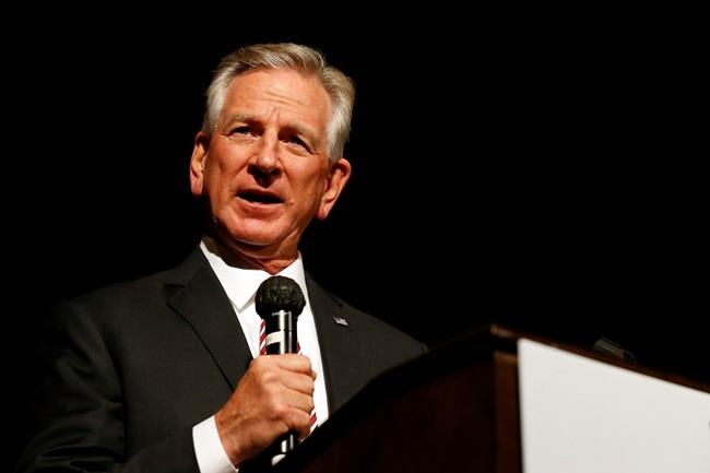 FILE - In this July 14, 2020, file photo, Republican U.S. Senate candidate and former Auburn football coach Tommy Tuberville speaks at a campaign event in Montgomery, Ala. (AP Photo/Butch Dill, File)