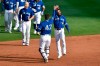 Toronto Blue Jays' Teoscar Hernández, right, celebrates with Danny Jansen after hitting a walk-off two-run single against the Baltimore Orioles during the ninth inning of a baseball game in Buffalo, N.Y., Sunday, Aug. 30, 2020. Toronto beat Baltimore 6-5. (AP Photo/Adrian Kraus)