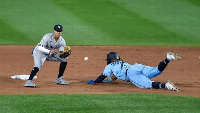 New York Yankees second baseman Thairo Estrada, left, waits for the throw as Toronto Blue Jays' Vladimir Guerrero Jr. safely steals second base during the sixth inning of a baseball game in Buffalo, N.Y., Monday, Sept. 7, 2020. (AP Photo/Adrian Kraus)