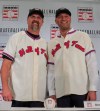 New York Yankees shortstop Derek Jeter, right, and Colorado Rockies outfielder Larry Walker pose after receiving their Baseball Hall of Fame Jerseys, Wednesday Jan. 22, 2020, during a news conference in New York. Jeter and Walker will both join the 2020 Hall o Fame class. (AP Photo/Bebeto Matthews)