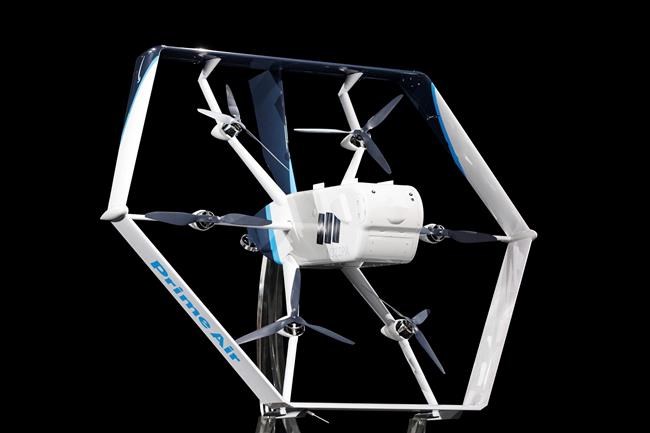 FILE - This undated image provided by Amazon shows one of the company's delivery drones. Amazon won approval to deliver packages by drones from the Federal Aviation Administration, the agency said Monday, Aug. 31, 2020. (Jordan Stead/Amazon via AP, File)