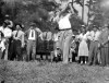 FILE - In this April 4, 1946, file photo, Herman Keiser drives from the third tee at the Masters golf touranment at Augusta National Golf Club in Augusta, Ga. Keiser went on to win the Masters 75 years ago this week. (AP Photo/File)