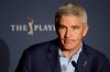 FILE - In this March 13, 2020 file photo, PGA Tour Commissioner Jay Monahan reacts to a question during a news conference at The Players Championship golf tournament, in Ponte Vedra Beach, Fla. After a three-month shutdown because of the COVID-19 pandemic, the tour has staged 36 events in 39 weeks without interruption. (AP Photo/Chris O'Meara, File)