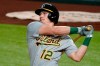 FILE - In this Aug. 26, 2020, file photo, Oakland Athletics' Sean Murphy follows through on a swing during the team's baseball game against the Texas Rangers in Arlington, Texas. Murphy suffered a collapsed lung that required surgery, and he will be sidelined several weeks but is expected to be fine and fully recovered by opening day. (AP Photo/Tony Gutierrez, File)