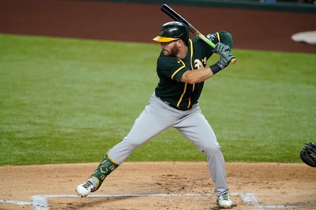 FILE - In this Aug. 24, 2020, file photo, Oakland Athletics' Robbie Grossman waits on a pitch from the Texas Rangers during a baseball game in Arlington, Texas. The Detroit Tigers have signed Grossman to a two-year, $10 million contract that includes performance bonuses. (AP Photo/Tony Gutierrez, File)