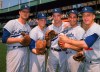 FILE - In this August 1962 file photo, Los Angeles Dodgers pitchers pose together at Dodger Stadium in Los Angeles. From left are Don Drysdale, Pete Richert, Stan Williams, Sandy Koufax and Johnny Podres. Williams, a fearsome All-Star pitcher who won the 1959 World Series with the Dodgers, has died. He was 84. Williams died Saturday, Feb. 20, 2021, at his home in Laughlin, Nev. He was hospitalized on Feb. 11 and had been in hospice care due to the effects of cardio-pulmonary illness, the Dodgers said Sunday and his son Stan Jr. confirmed. (AP Photo, File)