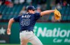 FILE - In this Sept. 12, 2019, file photo, Tampa Bay Rays starting pitcher Brendan McKay throws to a Texas Rangers batter during a baseball game in Arlington, Texas. McKay will have season-ending surgery on his left throwing shoulder Wednesday, Aug. 19. The 24-year-old McKay tested positive for the coronavirus in early July and missed most of the club's preseason camp. He was cleared to resume activities July 31 and reported to the club's alternate site, but then experienced stiffness in his pitching shoulder and was shut down last week. (AP Photo/Tony Gutierrez, File)