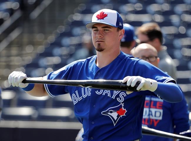 FILE - In this Feb. 25, 2019, file photo, Toronto Blue Jays' Reese McGuire takes batting practice before a spring training baseball game against the New York Yankees in Tampa, Fla. McGuire is facing an indecent exposure charge in Florida. Deputies were dispatched to a shopping center parking lot in Dunedin, Fla., on Friday afternoon, Feb. 7, 2020, following reports that a man sitting inside an SUV was exposing himself, according to a Pinellas County Sheriff's Office news release. (AP Photo/Lynne Sladky, File)