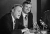 FILE - In this Jan. 7, 1976, file photo, Atlanta Braves chairman Bill Bartholomay, left, and Atlantan Ted Turner, talk with newsmen after it was announced that Turner had purchased the Braves from the Atlanta-LaSalle Corporation in Atlanta. Bartholomay, the former Braves owner who moved the team from Milwaukee to Atlanta in 1966, died Wednesday, March 25, 2020, at New York-Presbyterian Hospital, according to his daughter, Jamie. He was 91. Bartholomay sold the Braves to Ted Turner in 1976 but remained as chairman of the team's board of directors until 2003, when he assumed an emeritus role.(AP Photo/Charles E. Kelly, File)