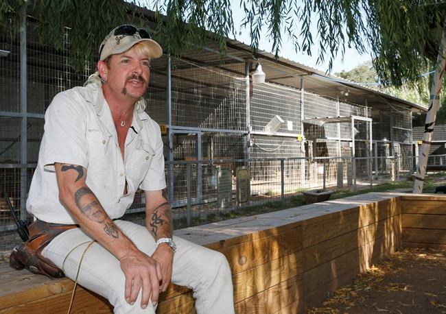 FILE - In this Aug. 28, 2013, file photo, the late Joseph Maldonado-Passage, also known as Joe Exotic, answers a question during an interview at the zoo he runs in Wynnewood, Okla. The Oklahoma zoo, featured in Netflix’s “Tiger King” documentary, has closed after federal authorities investigated it for alleged maltreatment of animals and suspended its license. The Greater Wynnewood Exotic Animal Park closed to the public after the U.S. Department of Agriculture on Monday, Aug. 17, 2020, suspended the exhibitor license for current-owner Jeff Lowe for 21 days.(AP Photo/Sue Ogrocki, File)