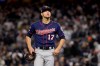 FILE - In this Oct. 4, 2019, file photo, Minnesota Twins starting pitcher Jose Berrios (17) reacts as he walks off the field at the end of the third inning against the New York Yankees during Game 1 of an American League Division Series baseball game in New York. The Twins beat Berríos in salary arbitration giving teams a 2-0 record in hearings this year. Berríos will be paid $4,025,000 rather than his request for $4.4 million. The decision was made Thursday, Feb. 6, 2020, by Frederic Horowitz, Andrew Strongin and Margaret Brogan, who heard the case a day earlier. (AP Photo/Frank Franklin II, File)