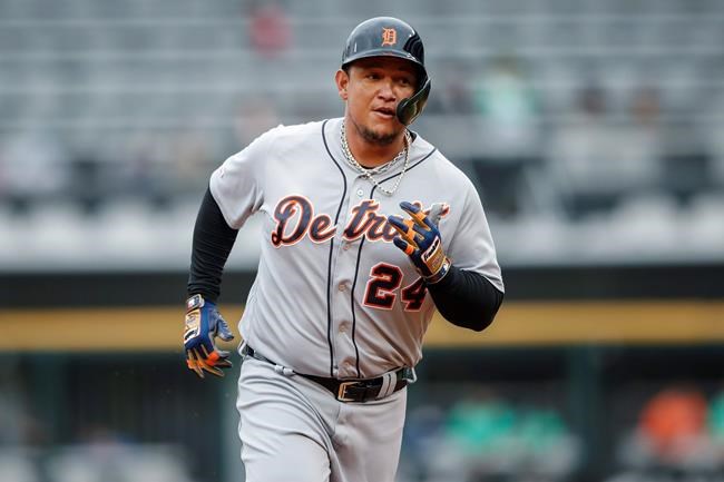 FILE - In this Sept. 28, 2019, file photo ,Detroit Tigers' Miguel Cabrera rounds the bases after hitting a solo home run off of Chicago White Sox's Reynaldo Lopez during the first inning in the first baseball game of a doubleheader in Chicago. (AP Photo/Kamil Krzaczynski, File)