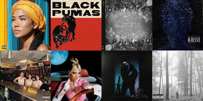 This combination of photos shows cover art for Grammy nominees for Album of the Year, top row from left, “Chilombo,” by Jhené Aiko; “Black Pumas (Deluxe Edition),” by Black Pumas; “Everyday Life,” by Coldplay; “Djesse Vol. 3,” by Jacob Collier; bottom row from left, “Women In Music Pt. III,” by HAIM; “Future Nostalgia,” by Dua Lipa; “Hollywood’s Bleeding,” by Post Malone; and “folklore,” by Taylor Swift. (Def Jam/ATO/Parlophone-Atlantic/Interscope-Decca-Hajanga/Columbia Records/Warner/Republic/Republic via AP)
