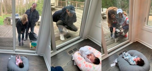 This combination of photos shows Suzy and Ricky Stone visiting with their granddaughter Gigi Guyuron through a window of their daughter Jen Guyuron’s home on April 18, 2020, in Cleveland, Ohio, left, Guyuron's brother Bryan Stone visiting on March 21, 2020, center, and Jen Charet and Jason Charet visiting with Gigi on April 23. Pregnancy, birth and life with a newborn in the middle of a pandemic has brought on high anxiety, ever-shifting hospital protocols and intense isolation for many of the millions of women who have done it around the world. (Jen Guyuron via AP)