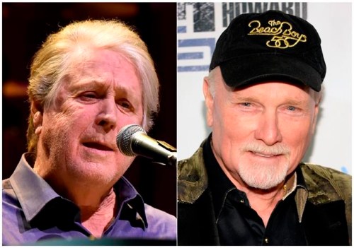 This combination photo shows Brian Wilson performing at the Rosemont Theatre in Rosemont, Ill, on Oct 6, 2017, left, and Mike Love at 