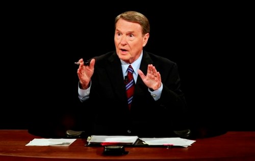 FILE - This Sept. 26, 2008 file photo shows debate moderator Jim Lehrer during the first U.S. Presidential Debate between presidential nominees Sen. John McCain, R-Ariz., and Sen. Barack Obama, D-Ill., at the University of Mississippi in Oxford, Miss. PBS announced that PBS NewsHour's Jim Lehrer died Thursday, Jan. 23, 2020, at home. He was 85. (AP Photo/Chip Somodevilla, File)