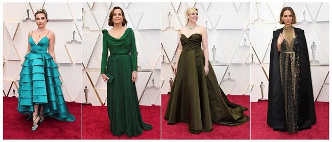 This combination photo shows, from left, Florence Pugh, Sigourney Weaver, Greta Gerwig and Natalie Portman at the Oscars on Sunday, Feb. 9, 2020, at the Dolby Theatre in Los Angeles. (AP Photo)