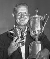 FILE - In this June 17, 1962, file photo, Jack Nicklaus holds his trophies after winning the U.S. Open Championship at the Oakmont, Pa., country club. Nicklaus, who turns 80 on Tuesday, Jan. 21, 2020, won his 18 majors 24 years apart. (AP Photo/Paul Vathis, File)