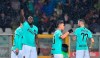 Inter's Romelu Lukaku, left, celebrates after scoring a goal during the Italian Serie A soccer match between Torino FC and Inter Milan at the Olimpico Grande Torino stadium in Turin, Italy, Saturday, Nov. 23, 2019. (Di Marco/ANSA via AP)