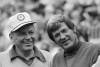 FILE - In this Feb. 10, 1973, file photo, Frank Sinatra and Doug Sanders smile at the Bermuda Dunes Country Club in Bermuda Dunes, Calif., during the fourth round of the Bob Hope Desert Golf Classic. The PGA Tour says Sanders died Sunday morning, April 12, 2020, in Houston at age 86. Sanders was one of golf's most colorful figures with his wardrobe and lifestyle. (AP Photo, File)