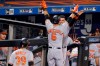 Baltimore Orioles' Ryan Mountcastle (6) celebrates with Jose Iglesias after hitting a two-run home run off New York Mets starting pitcher Michael Wacha during the third inning of a baseball game Tuesday, Sept. 8, 2020, in New York. (AP Photo/Kathy Willens)