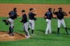 Miami Marlins' Francisco Cervelli (29) Nick Vincent (44) and Logan Forsythe (11) celebrate with teammates after a baseball game against the New York Mets Friday, Aug. 7, 2020, in New York. The Marlins won 4-3. (AP Photo/Frank Franklin II)
