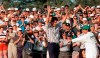 FILE - In this Sunday, April 14, 1996 file photo, Masters champion Nick Faldo acknowledges the gallery at Augusta National Golf Club in Augusta, Ga. Faldo came from behind to beat Greg Norman by five strokes to win his third Masters. It was voted the 5th-best Masters by a panel of writers (AP Photo/David J. Phillip, File)