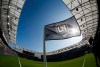 FILE - In this April 29, 2018 file photo taken with a fisheye lens, a flag flies at the Banc of California Stadium prior to an MLS soccer game between Los Angeles FC and the Seattle Sounders in Los Angeles. Los Angeles FC will seek a new name for its 2-year-old Banc of California Stadium after a restructuring of the bank's partnership with the Major League Soccer club. LAFC announced Tuesday, May 26, 2020 that Banc of California will eventually give up its naming rights to the sleek new stadium just south of downtown Los Angeles. (AP Photo/Ringo H.W. Chiu, file)