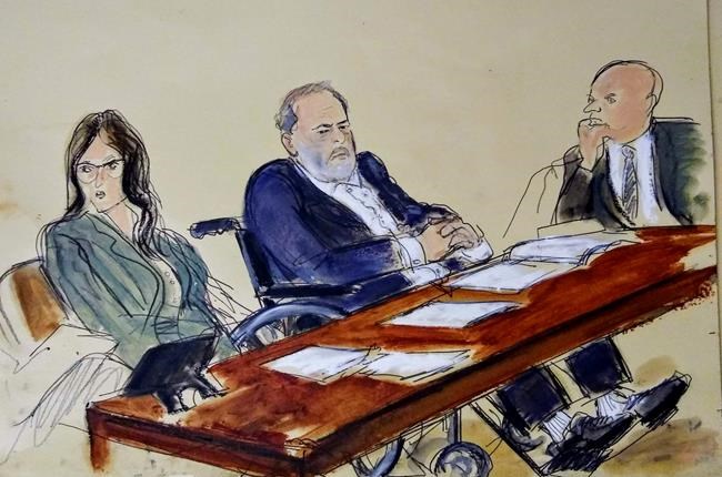 Harvey Weinstein, center, flanked by his defense attorneys, listens during his sentencing in a Manhattan courtroom, Wednesday, March 11, 2020, in New York. Weinstein was sentenced Wednesday to 23 years in prison for rape and sexual assault. The Hollywood mogul, who has been accused of violating scores of women, was convicted of raping a once-aspiring actress in a New York City hotel room in 2013 and forcibly performing oral sex on former TV and film production assistant Mimi Haleyi at his apartment in 2006. (Courtroom Sketch by Elizabeth Williams via AP)