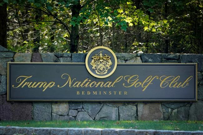 FILE - This photo from Friday Oct. 2, 2020, shows a sign at the entrance to Trump National Golf Club in Bedminster, N.J. New Jersey's governor said Monday, Oct. 5, 2020 President Donald Trump's fundraiser at his Bedminster golf club in the state hours before announcing he had the coronavirus