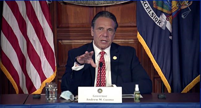 In this image taken from video from the Office of the N.Y. Governor, New York Gov. Andrew Cuomo speaks during a news conference about the state budget, Wednesday, April 7, 2021, in Albany, N.Y. (Office of the NY Governor via AP)
