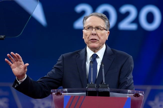 FILE - In this Saturday, Feb. 29, 2020, file photo, National Rifle Association Executive Vice President and CEO Wayne LaPierre speaks at the Conservative Political Action Conference, CPAC 2020, at the National Harbor, in Oxon Hill, Md. After school shootings that left dozens dead in recent years, LaPierre said the resulting outrage put him in such danger that he sought shelter aboard a friend’s 108-foot yacht. (AP Photo/Jose Luis Magana, File)