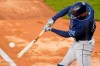 Tampa Bay Rays' Brandon Lowe hits a two-run double during the first inning of a baseball game against the New York Yankees on Friday, April 16, 2021, in New York. (AP Photo/Frank Franklin II)