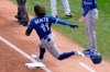 Toronto Blue Jays Bo Bichette (11) loses his helmet running the bases on a first-inning double during a baseball game against the New York Yankees, Sunday, April 4, 2021, at Yankee Stadium in New York. (AP Photo/Kathy Willens)