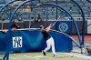 New York Yankees hitting coach Marcus Thames, left, watches Aaron Judge take batting practice during a baseball summer training camp workout, Wednesday, July 8, 2020, at Yankee Stadium in New York. (AP Photo/Kathy Willens)