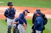 Tampa Bay Rays starting pitcher Tyler Glasnow reacts to pain as a trainer helps him during the fifth inning of a baseball game against the New York Yankees as catcher Francisco Mejia, left, watches Saturday, April 17, 2021, in New York. (AP Photo/Frank Franklin II)