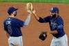 Tampa Bay Rays right fielder Manuel Margo, right, celebrates with second baseman Brandon Lowe (8) after the Rays' 6-3 victory over the New York Yankees in a baseball game, Tuesday, Aug. 18, 2020, in New York. (AP Photo/Kathy Willens)