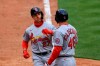 St. Louis Cardinals' Tyler O'Neill, left, celebrates hitting a two-run home run with teammate Paul Goldschmidt during the fourth inning of the baseball game against the Cincinnati Reds in Cincinnati, Thursday, April 1, 2021. (AP Photo/Aaron Doster)