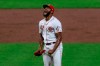 Cincinnati Reds' Amir Garrett reacts after striking out Chicago Cubs' Victor Caratini in the seventh inning during a baseball game at Cincinnati, Friday, Aug. 28, 2020. (AP Photo/Aaron Doster)